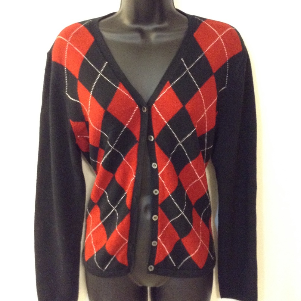 LIZ CLAIBORNE Red/White/Navy Argyle Sweater